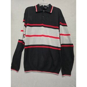 PJ Mark Mens L Black Red Gray Stripe Long Sleeve Collared Sweater
